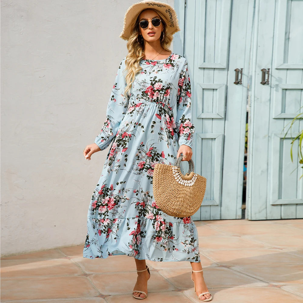 2026 Sping Summer Bohemian Women Maxi Dress Casual Long Sleeve High Waist Beach Woman Chiffon Dresses Floral Vestidoes Mujer New