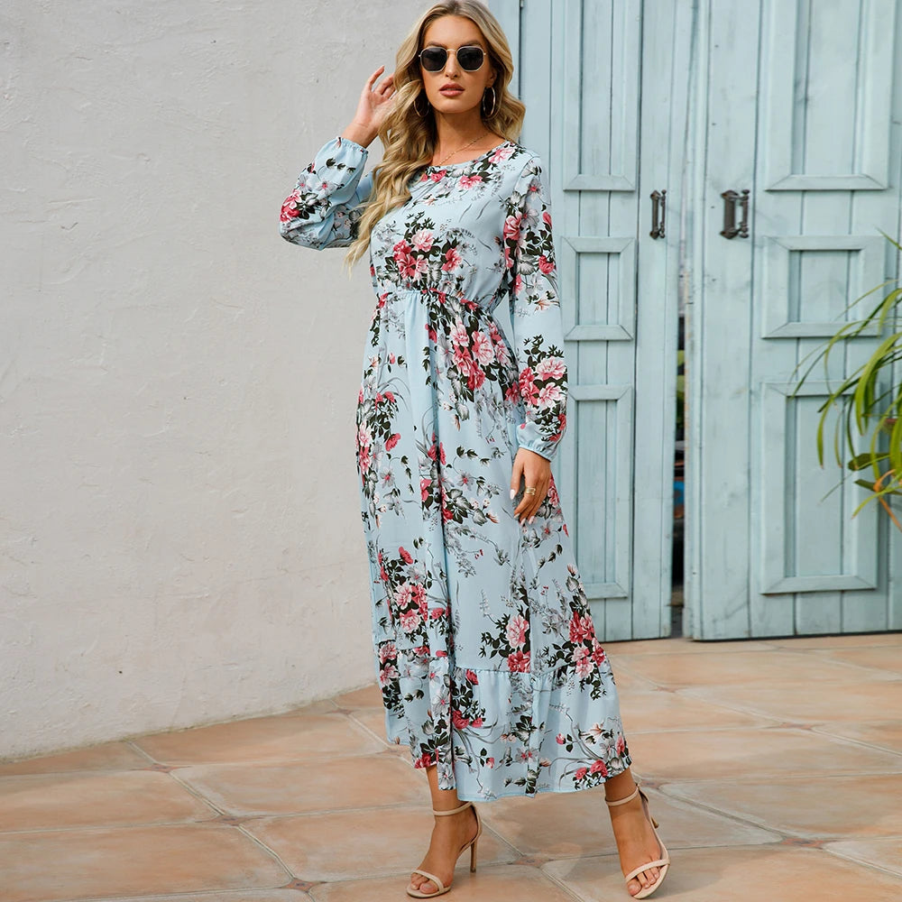 2026 Sping Summer Bohemian Women Maxi Dress Casual Long Sleeve High Waist Beach Woman Chiffon Dresses Floral Vestidoes Mujer New