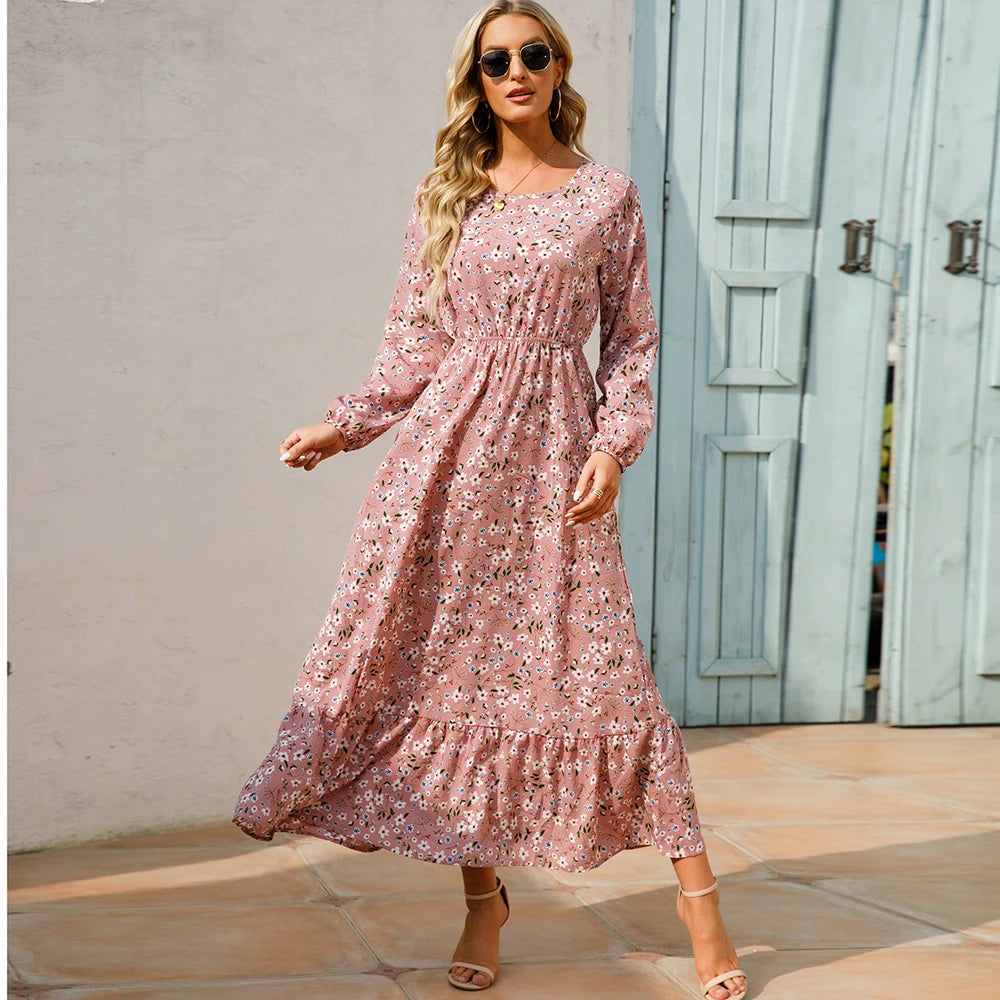 2026 Sping Summer Bohemian Women Maxi Dress Casual Long Sleeve High Waist Beach Woman Chiffon Dresses Floral Vestidoes Mujer New
