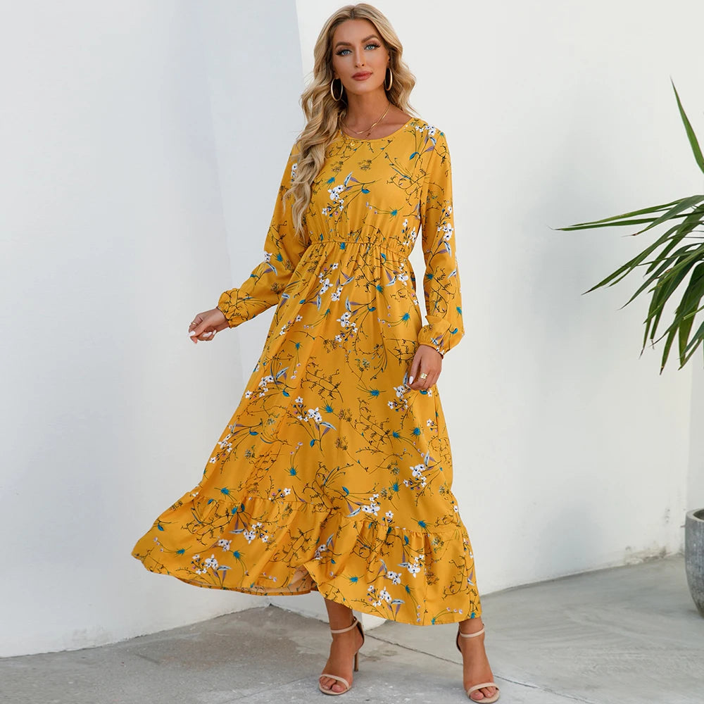 2026 Sping Summer Bohemian Women Maxi Dress Casual Long Sleeve High Waist Beach Woman Chiffon Dresses Floral Vestidoes Mujer New