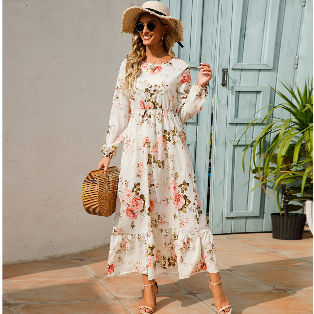 2026 Sping Summer Bohemian Women Maxi Dress Casual Long Sleeve High Waist Beach Woman Chiffon Dresses Floral Vestidoes Mujer New