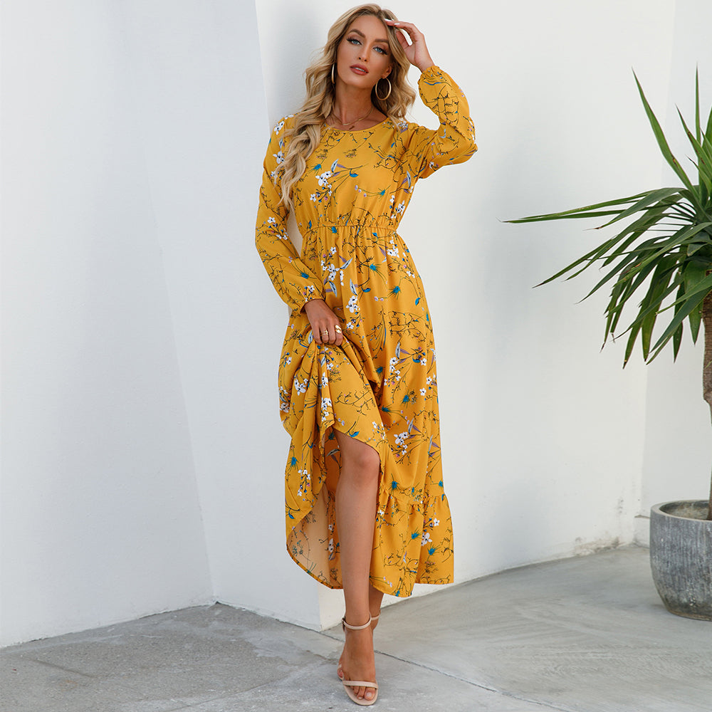 2026 Sping Summer Bohemian Women Maxi Dress Casual Long Sleeve High Waist Beach Woman Chiffon Dresses Floral Vestidoes Mujer New