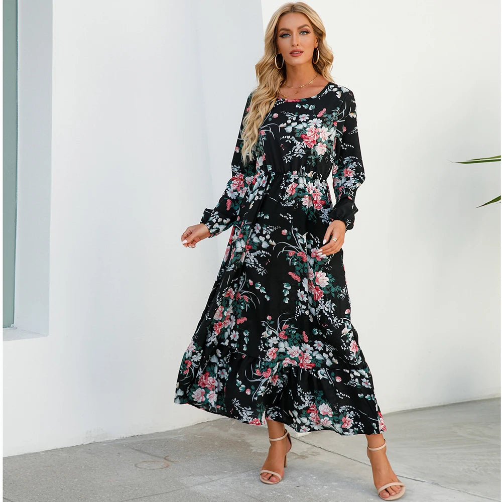 2026 Sping Summer Bohemian Women Maxi Dress Casual Long Sleeve High Waist Beach Woman Chiffon Dresses Floral Vestidoes Mujer New