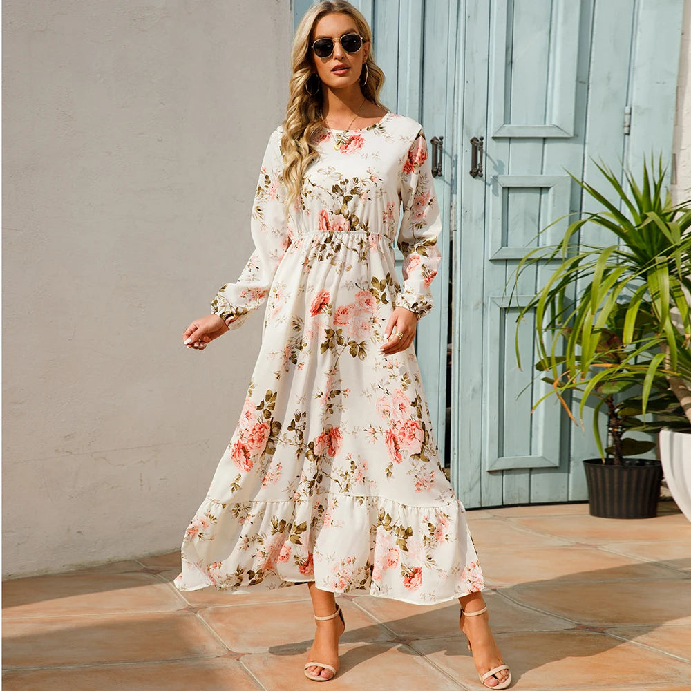 2026 Sping Summer Bohemian Women Maxi Dress Casual Long Sleeve High Waist Beach Woman Chiffon Dresses Floral Vestidoes Mujer New