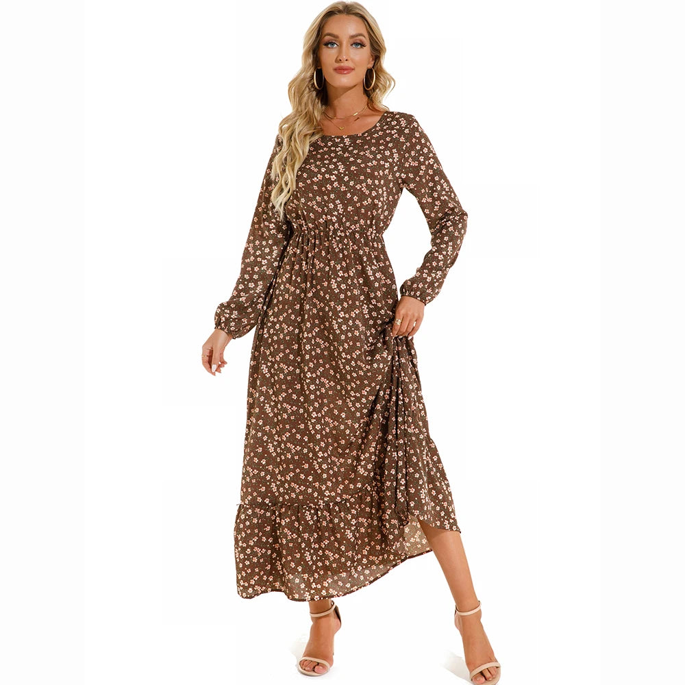 2026 Sping Summer Bohemian Women Maxi Dress Casual Long Sleeve High Waist Beach Woman Chiffon Dresses Floral Vestidoes Mujer New