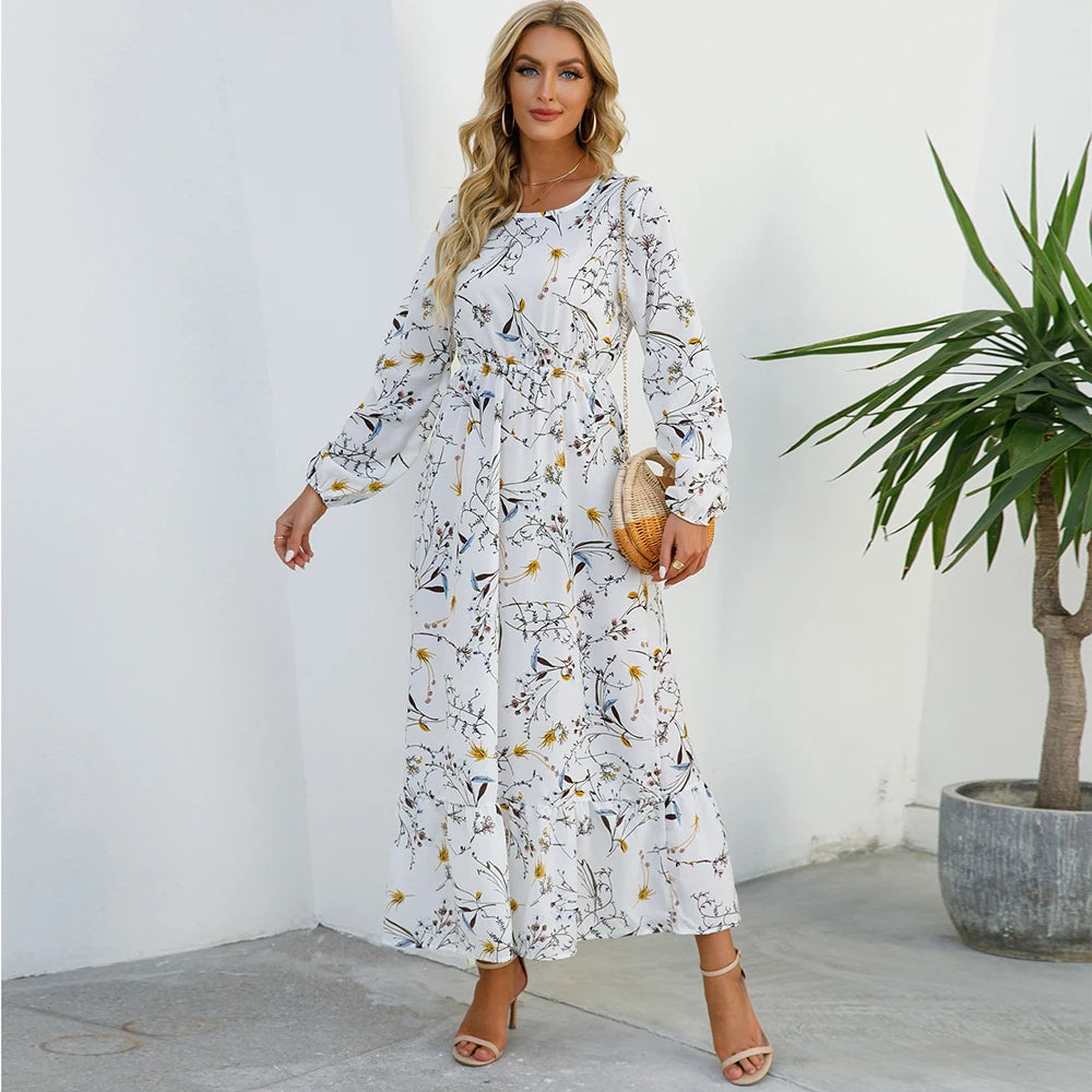 2026 Sping Summer Bohemian Women Maxi Dress Casual Long Sleeve High Waist Beach Woman Chiffon Dresses Floral Vestidoes Mujer New