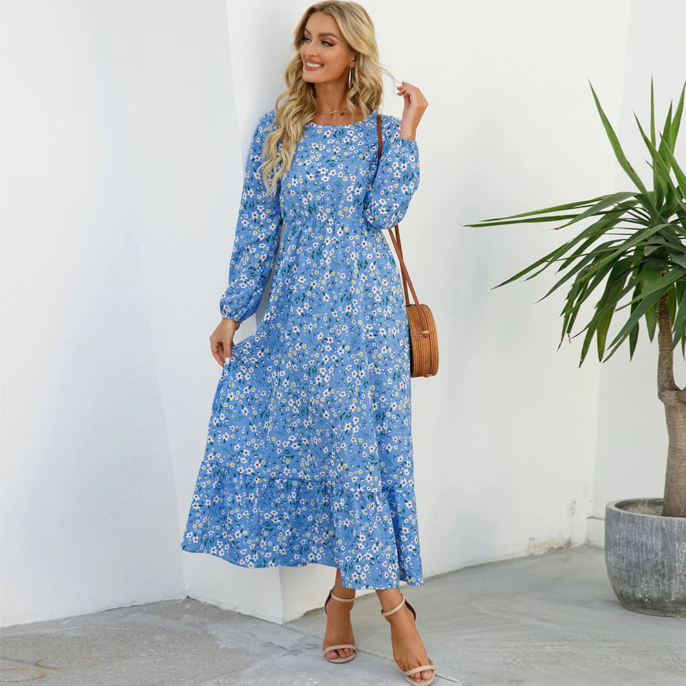 2026 Sping Summer Bohemian Women Maxi Dress Casual Long Sleeve High Waist Beach Woman Chiffon Dresses Floral Vestidoes Mujer New