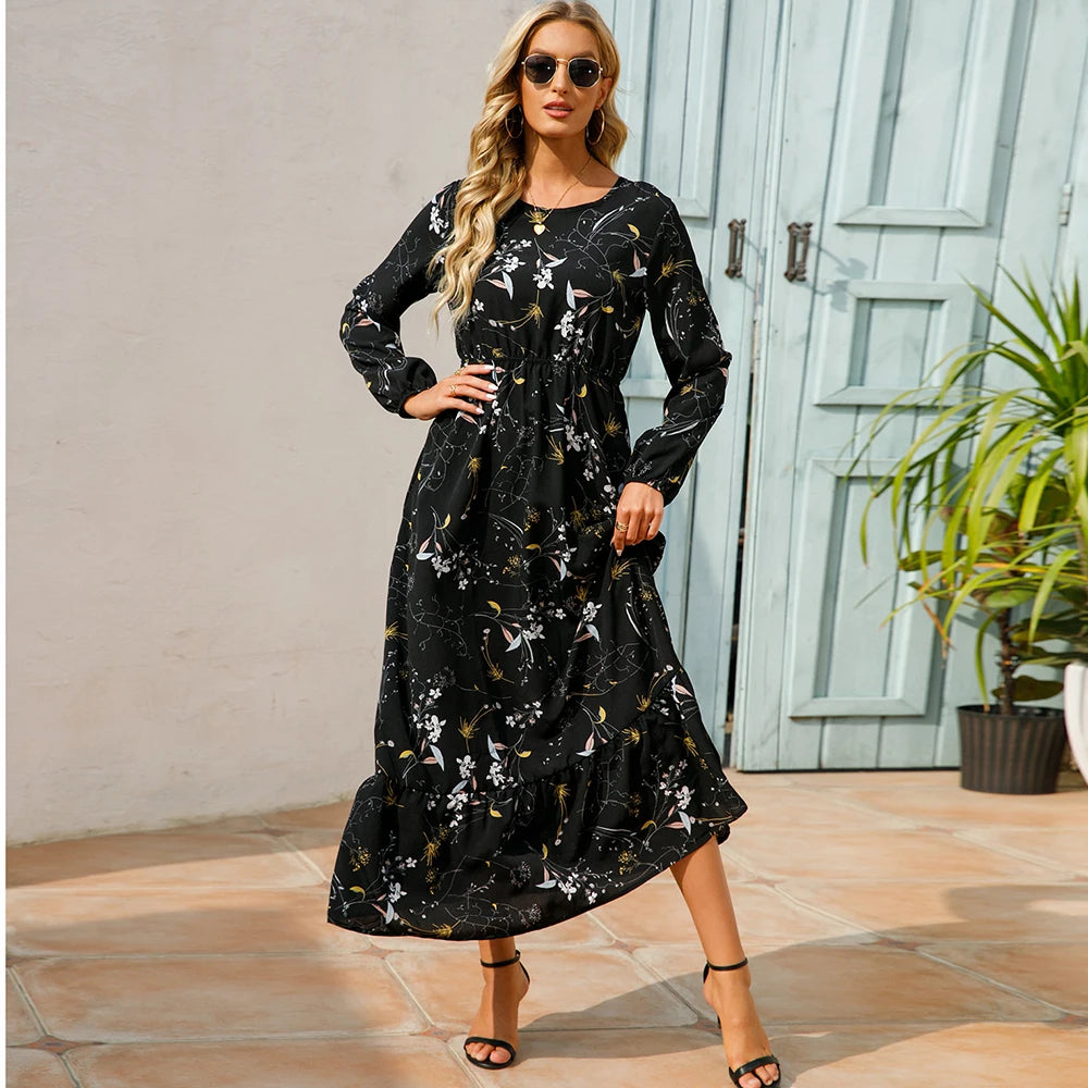 2026 Sping Summer Bohemian Women Maxi Dress Casual Long Sleeve High Waist Beach Woman Chiffon Dresses Floral Vestidoes Mujer New