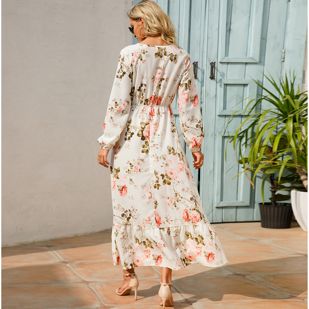 2026 Sping Summer Bohemian Women Maxi Dress Casual Long Sleeve High Waist Beach Woman Chiffon Dresses Floral Vestidoes Mujer New
