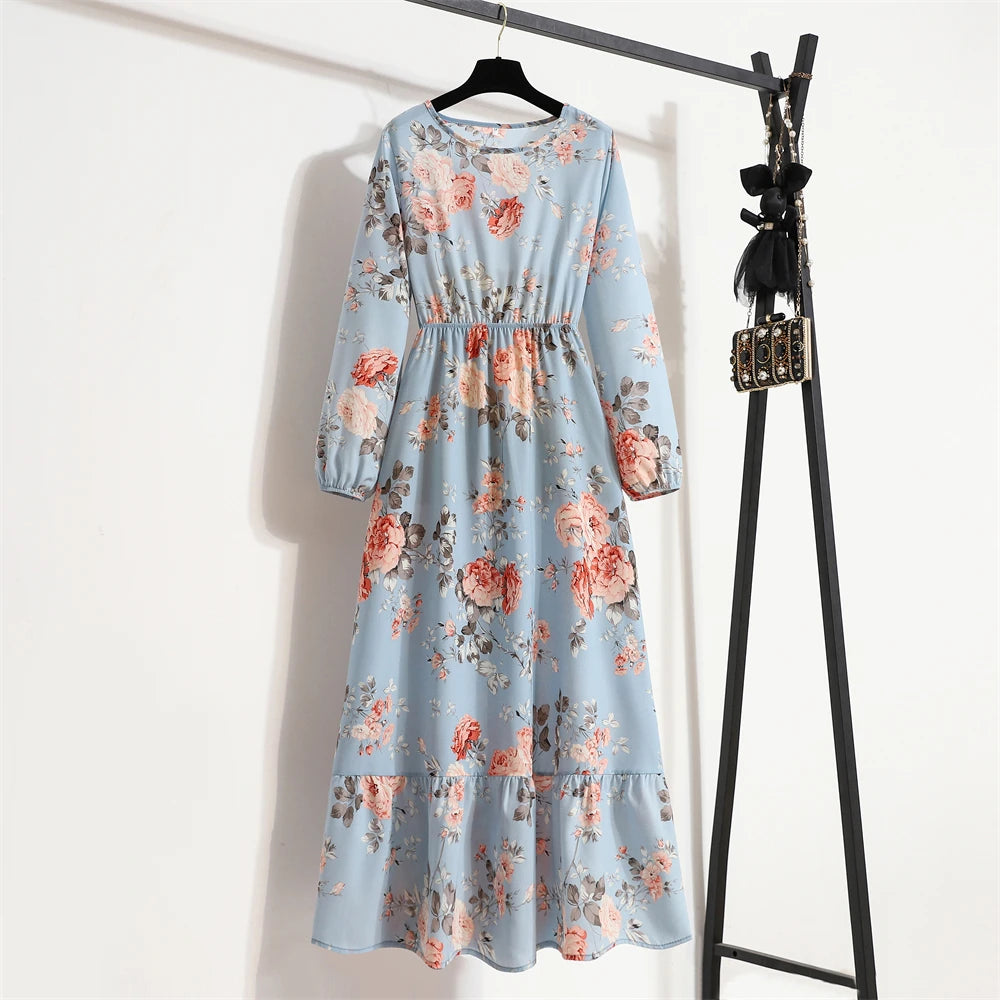 Spring Summer Women Maxi Dresses Casual Full Sleeve Floral Printed O-neck Woman Bohe Beach Party Long Dress Mujer Vestidos